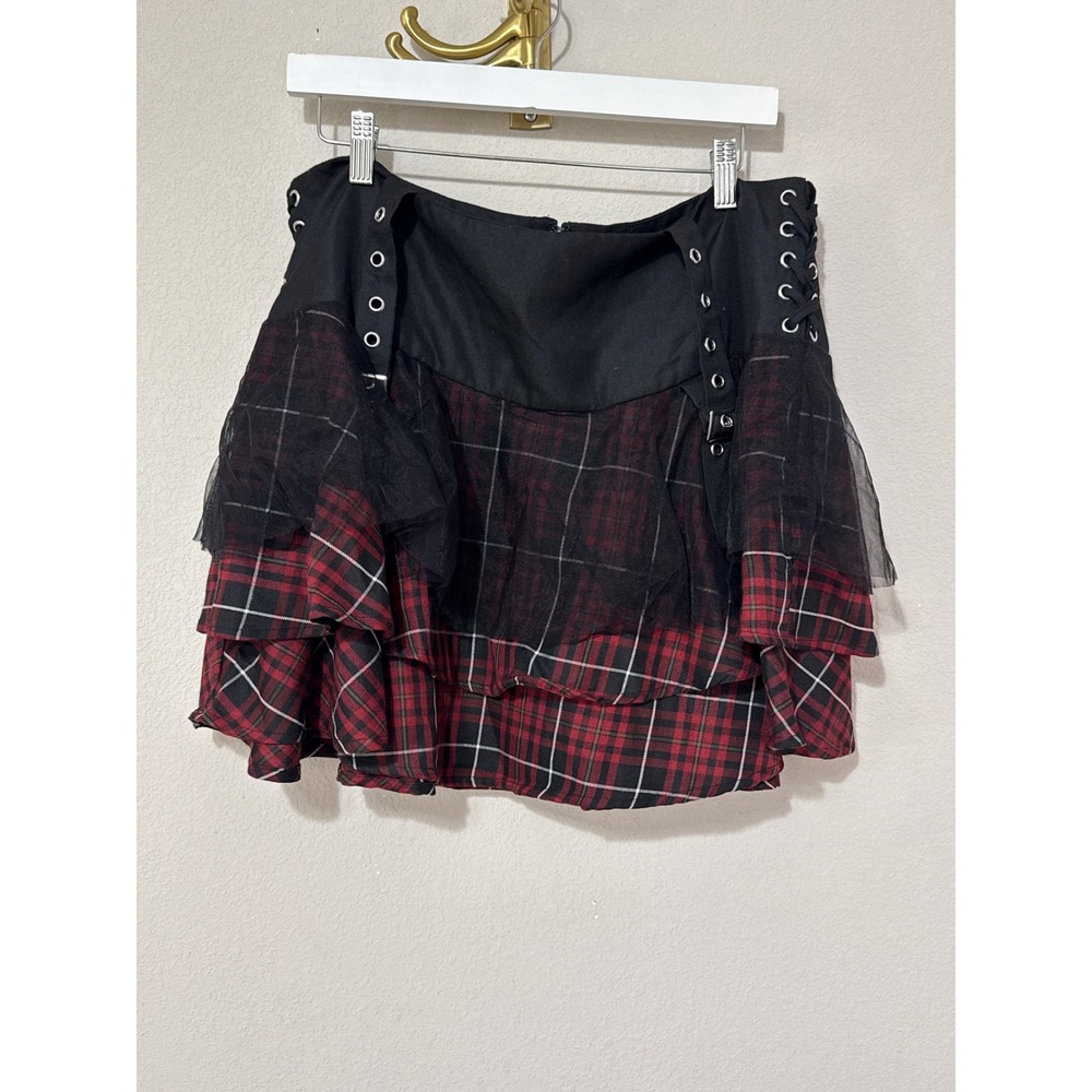 Hot Topic Plaid Mini Skirt Womens XL Red Black Tiered Mesh Lace Up Mall Goth Alt